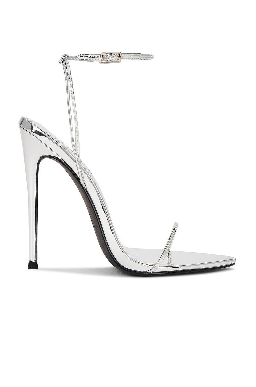 FEMME LA The Andx Sandal in Liquid Metal faux leather high heel ankle strap